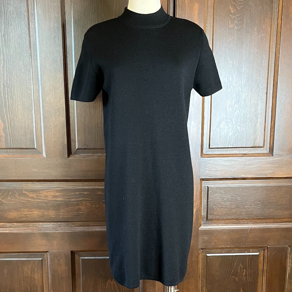 Andrea Jovine Black Wool Knit Sweater Dress Sz L Short Sleeve Mock Neck Vintage